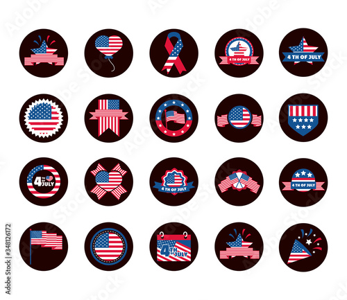 4th of july independence day, celebration honor memorial american flag icons set block and flat style icon