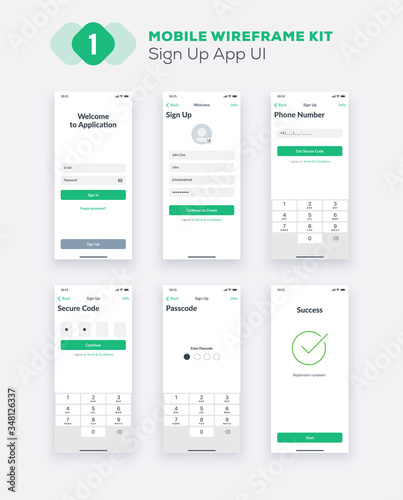 Wireframe UI kit for smartphone. Mobile App UX design. New OS sign up: registration form, input fields, phone number, numeric keypad, security code, passcode and success screens.