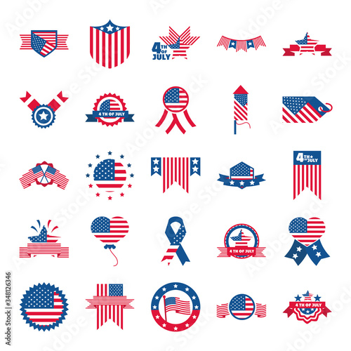 4th of july independence day, celebration honor memorial american flag icons set flat style icon