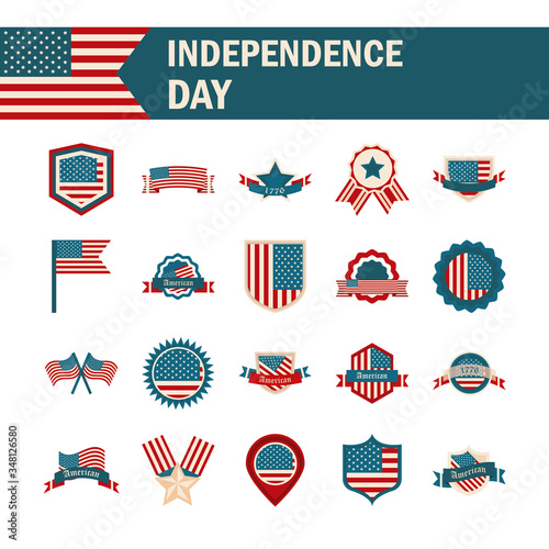 happy independence day, american flag national freedom patriotism icons set flat style