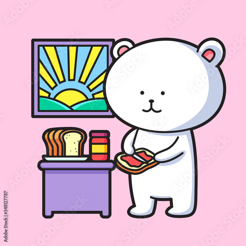 Cute polar bear eating bread
