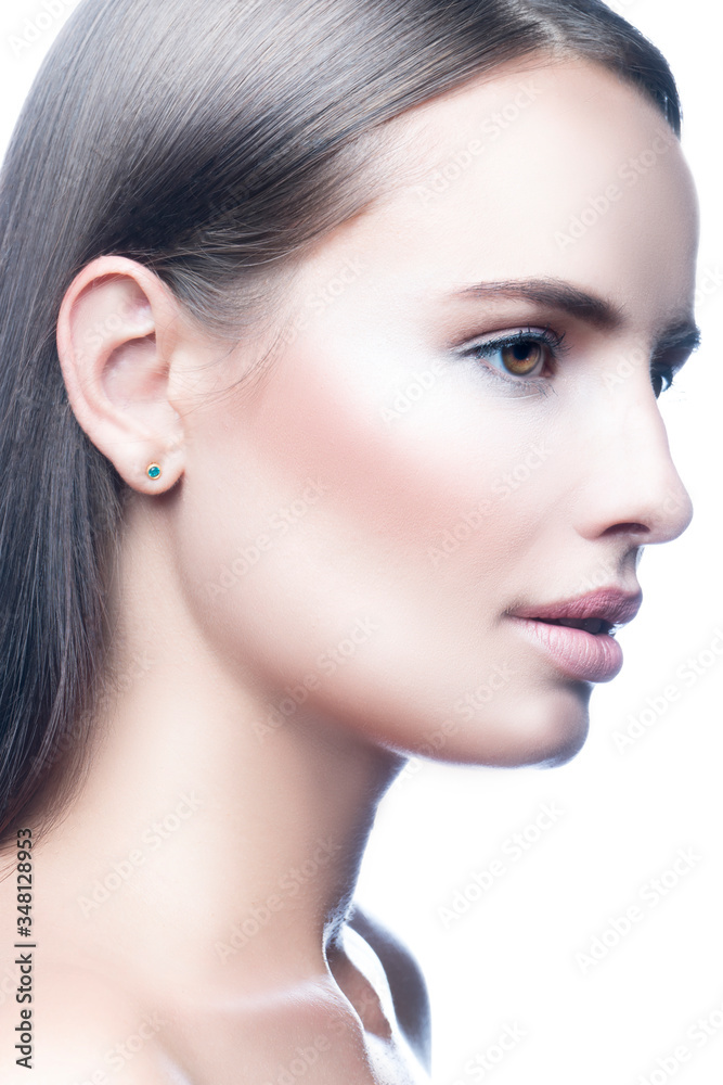 Beauty Woman face profile Portrait. Beautiful Spa model Girl with Perfect Fresh Clean Healthy Skin. Natural nude make-up