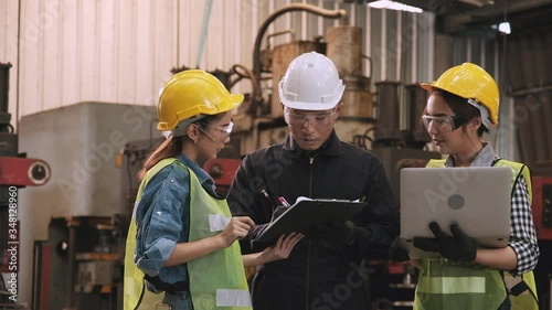 The male engineer examined, signed the document and advised the secretary to take the document to factory manager. and continue talking with female engineer.