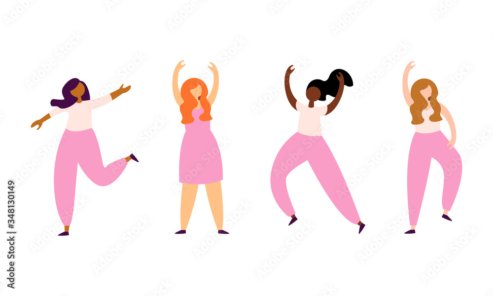 Frauen verschiedener Nationen tanzen fröhlich, machen Yoga. Set. Vektor. Abstrakt