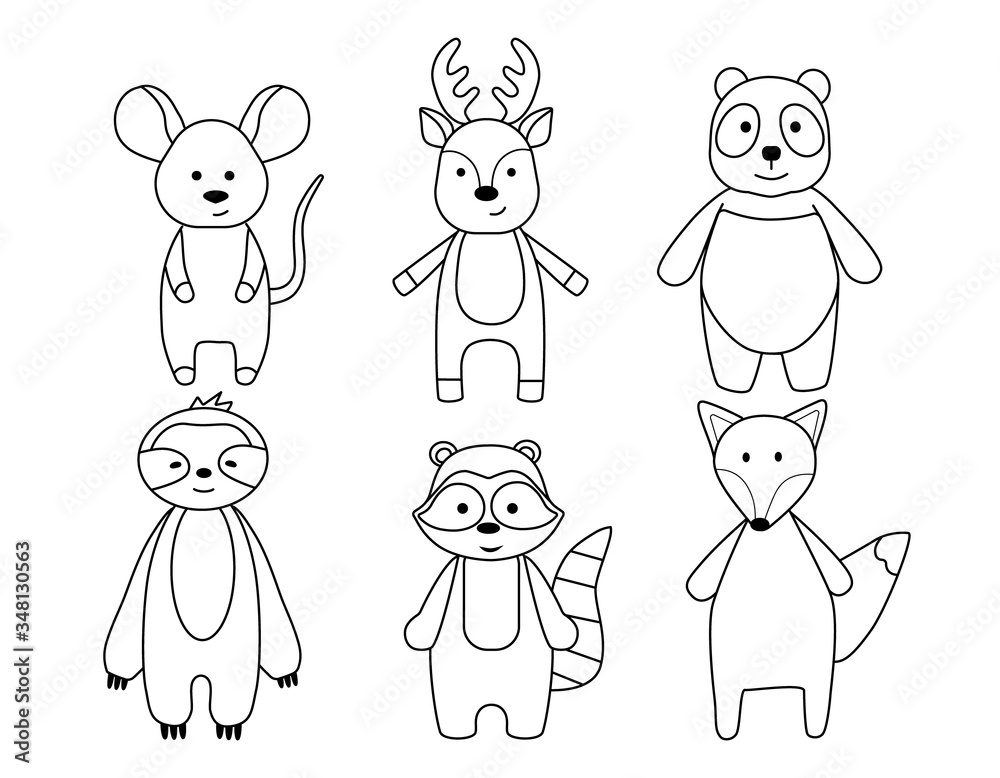 A set of simple silhouettes of cartoon animals, mouse, Fox, Panda, deer, sloth and raccoon. A primitive outline, a fun toy, a fantasy. Cute coloring book for small children, vector illustration. A set of simple silhouettes of cartoon animals, mouse, Fox, Panda, deer, sloth and raccoon. A primitive outline, a fun toy, a fantasy. Cute coloring book for small children, vector illustration.