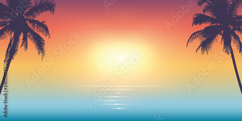 romantic sunset on palm beach summer holiday design vector illustration EPS10