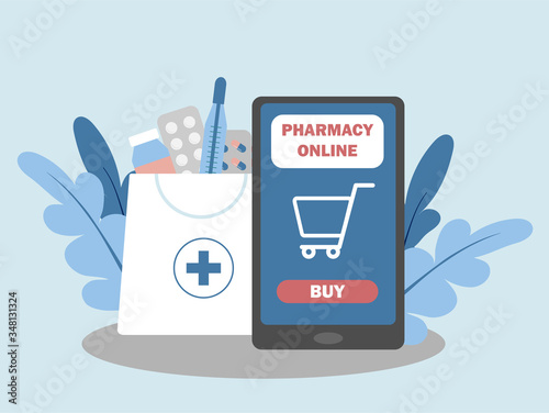 Modern telemedicine, e health concept, Coronavirus Covid-19. Online pharmacy. Flat vector illustration. Buy medications online.