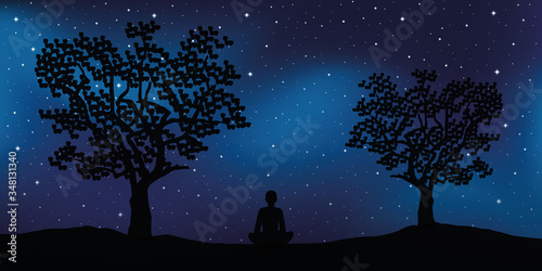 relaxing lonely person enjoy the starry sky in the nature between trees vector illustration EPS10