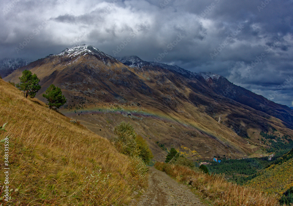 Autumn landscapes of the Cheget mountain gorge while climbing Mount Elbrus.