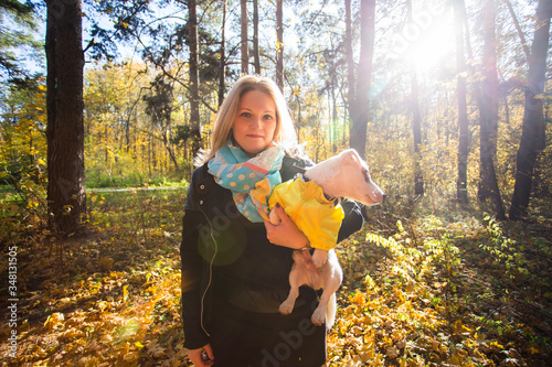 Woman with a dog jack russell terrier. Friendship and pet concept. Small dog walking in the autumn park.
