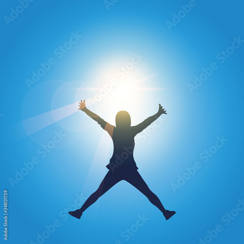 happy girl with raised arms jumps at sunshine sunny blue sky vector illustration EPS10