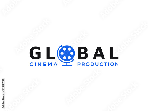 universal globe with movie film cinema rell vector logo photo