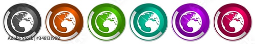 Earth icon set, silver metallic chrome border vector web buttons in 6 colors options for webdesign