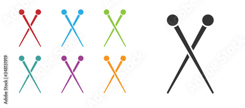 Black Knitting needles icon isolated on white background. Label for hand made, knitting or tailor shop. Set icons colorful. Vector