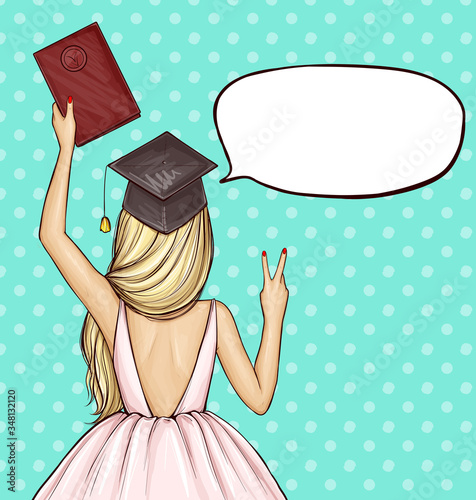 Vector pop art illustration of a young graduate student girl in academic cap with a university diploma in hand, back view. Female shows victory, peace sign. Concept of celebrating the graduation