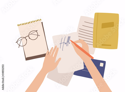 Hands holding paper sheet with handwritten text. Colorful vector illustration in flat style.
