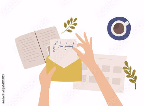 Hands holding paper sheet with handwritten text. Colorful vector illustration in flat style.