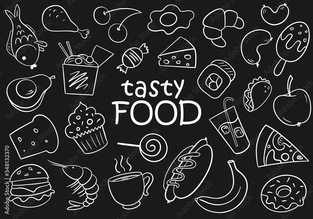 Black and white funny doodle cartoon background of tasty food with sushi, hotdog, banana, sausages, taco, cheese, bread, coffee, burger, croissant and others