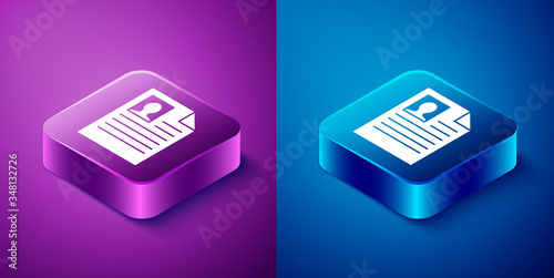 Isometric Resume icon isolated on blue and purple background. CV application. Searching professional staff. Analyzing personnel resume. Square button. Vector