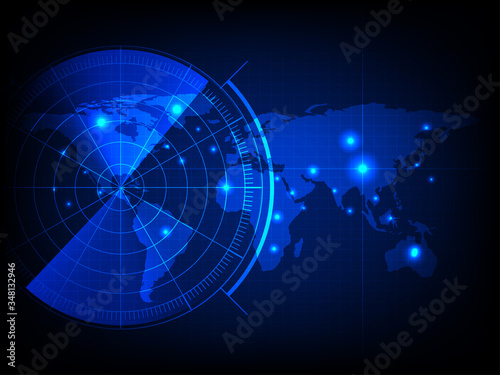 world map with a radar screen,digital blue radar with targets and world map using as background and wallpaper