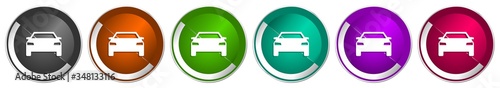 Auto icon set, transport, transportation, car silver metallic chrome border vector web buttons in 6 colors options for webdesign