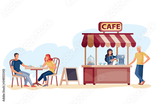 in a cafe on the street, a man and a woman are sitting at a table, the seller is standing at the checkout and giving a check to another man, vector illustration,