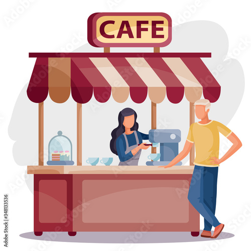 woman in a cafe stands at the cash register and sells coffee to the buyer to the man, isolated object on a white background, vector illustration,