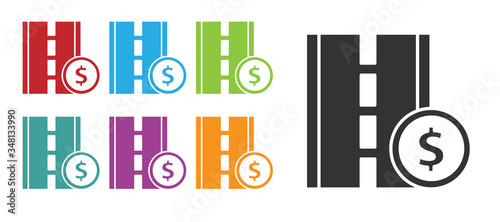 Black Toll road traffic sign. Signpost icon isolated on white background. Pointer symbol. Street information sign. Direction sign. Set icons colorful. Vector