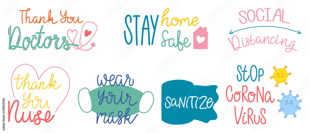 Coronavirus (COVID-19) prevention hand letterings doodle banner and sticker design banner, social distancing, Stay home, Quarantine activities, Thank you doctor, Keep healthy vector illustration. Coronavirus (COVID-19) prevention hand letterings doodle banner and sticker design banner, social distancing, Stay home, Quarantine activities, Thank you doctor, Keep healthy vector illustration.