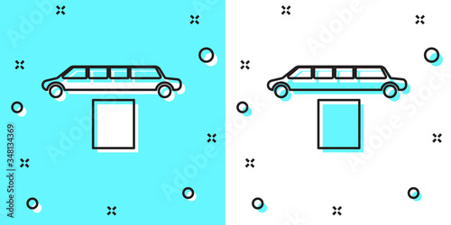 Black line Luxury limousine car and carpet icon isolated on green and white background. For world premiere celebrities and guests poster. Random dynamic shapes. Vector
