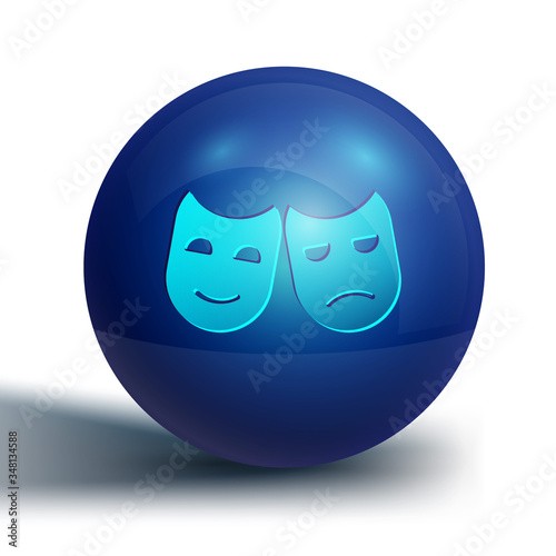 Blue Comedy and tragedy theatrical masks icon isolated on white background. Blue circle button. Vector