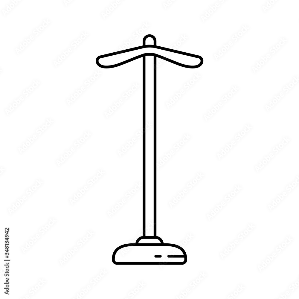 Fototapeta premium Floor hanger for clothes. Linear icon of shoulder rack, hallway furniture. Black illustration of vertical device for hanging coat, dress, jacket. Contour isolated vector emblem on white background