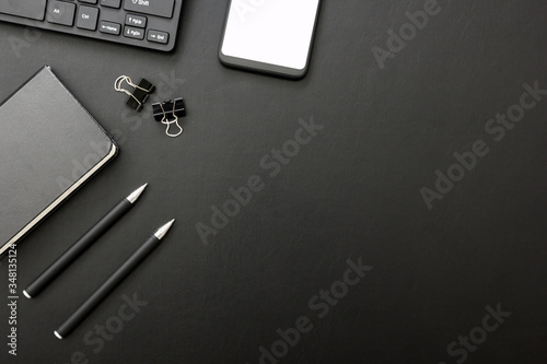 Office desk table with supplies. Flat lay Business workplace and objects. Top view. Copy space for text photo