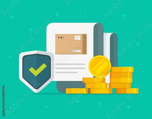 Shipping insurance of freight cargo delivery and package transportation protection coverage guaranty care vector flat illustration, concept of logistics courier service guard shield
