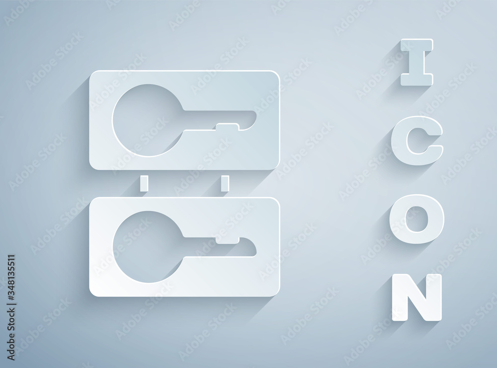 Paper cut Metal mold plates for casting keys icon isolated on grey background. Set for mass production and forgery of the keys. Paper art style. Vector Paper cut Metal mold plates for casting keys icon isolated on grey background. Set for mass production and forgery of the keys. Paper art style. Vector