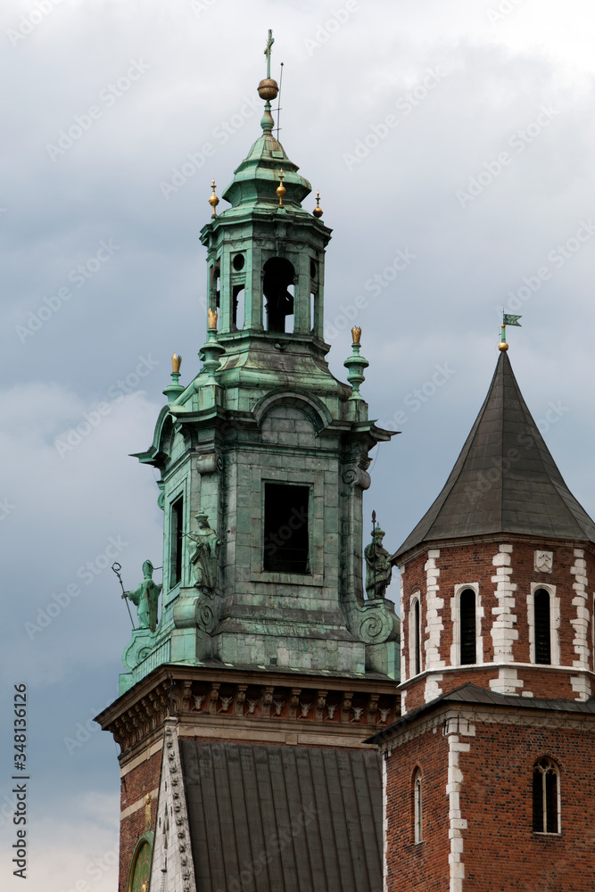 Krakow Poland, view of the towers and statues of Wawel Cathedral 
