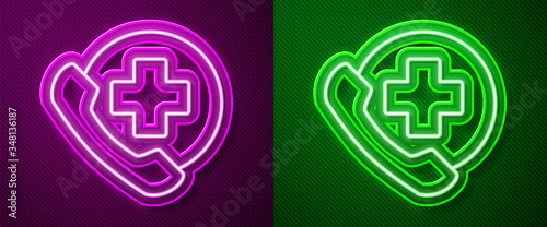 Glowing neon line Emergency phone call to hospital icon isolated on purple and green background. Vector