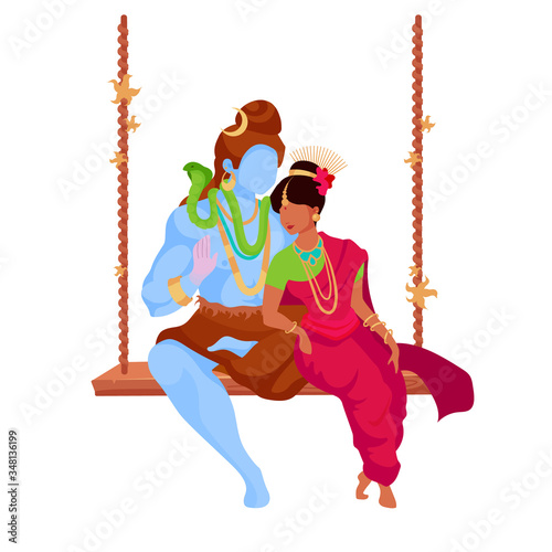 Shiva and Parvati flat color vector faceless characters. Sacred indian couple in love. God and goddess on swing. Hindu deity isolated cartoon illustration for web graphic design and animation