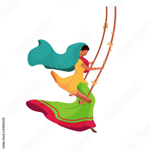 Indian woman on swing flat color vector faceless character. Traditional ceremony for religious holiday. Teej festival celebration isolated cartoon illustration for web graphic design and animation