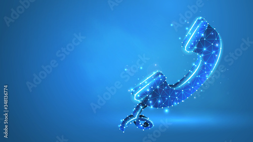Telephone handset. Contact, telecommunication symbol. Low poly, wireframe 3d vector illustration. Abstract polygonal image on blue neon background