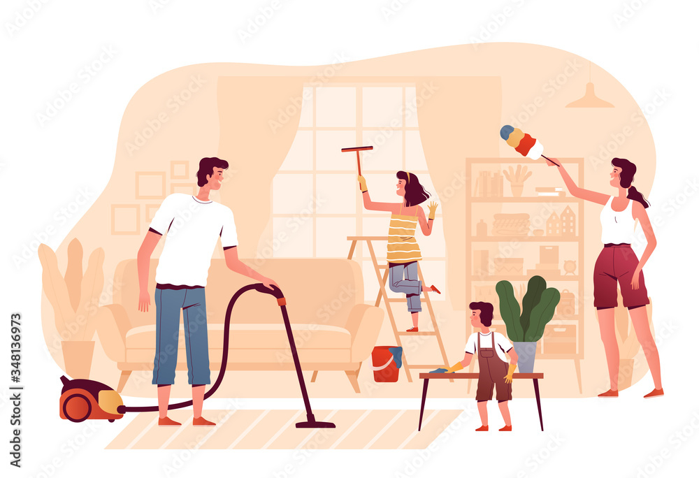 Happy family is cleaning at home in the living room. Parents and children clean up the room together. The concept of helping parents