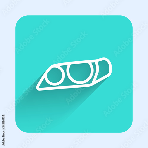 White line Car headlight icon isolated with long shadow. Green square button. Vector