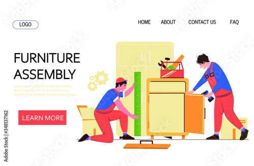 Furniture assembly vector webpage template. Wood furniture workshop repair and assembly flat illustration.