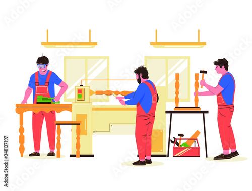 Carpenters  at workshop making furniture. Carpentry woodwork and furniture making vector illustration. Furniture workshop.