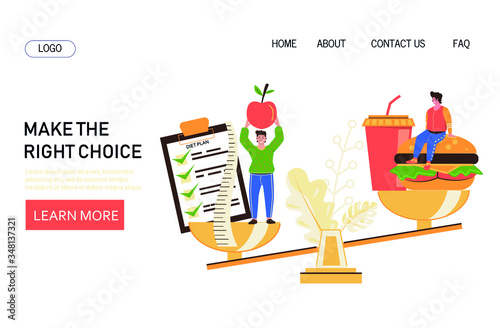 Make the right choice vector illustration. Сomparison of healthy and junk food. 