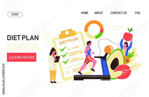 Nutrition diet, weight-loss diet vector concet. The nutritionist controls the diet plan and the athlete runs on a treadmill.