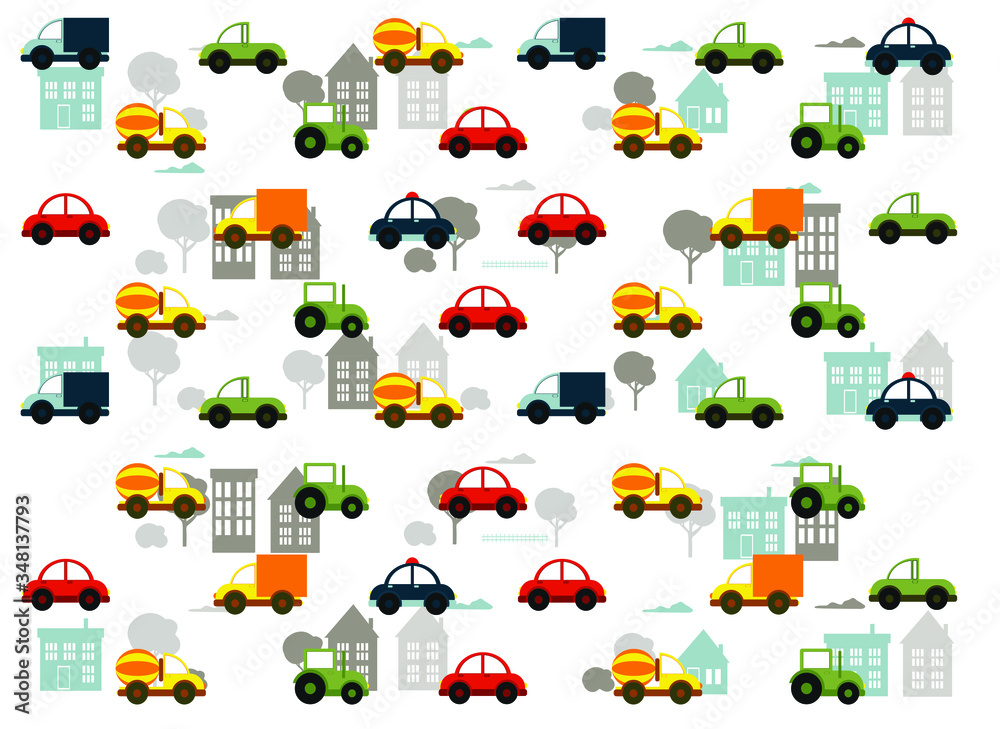 Fototapeta premium children's cartoon city with cars, houses and trees. vector flat illustration