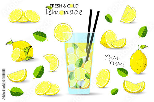 Summer drink lemonade. a glass of lemonade. Lemon juice bubble drink with labels and typography, summer cold cocktail.