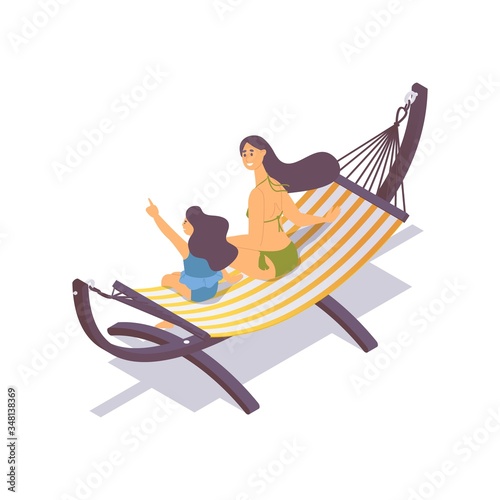 Mother and daughter sitting on hammock in beachwear isometric scene. Swimwear for kid and adult, striped furniture good for pool and hotel photo