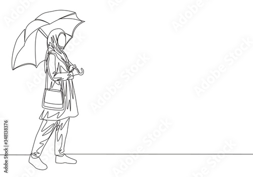 Single continuous line drawing of young cute muslimah with arabic veil carrying umbrella and pocket bag. Beautiful Asian woman in trendy hijab fashion concept one line draw design vector illustration